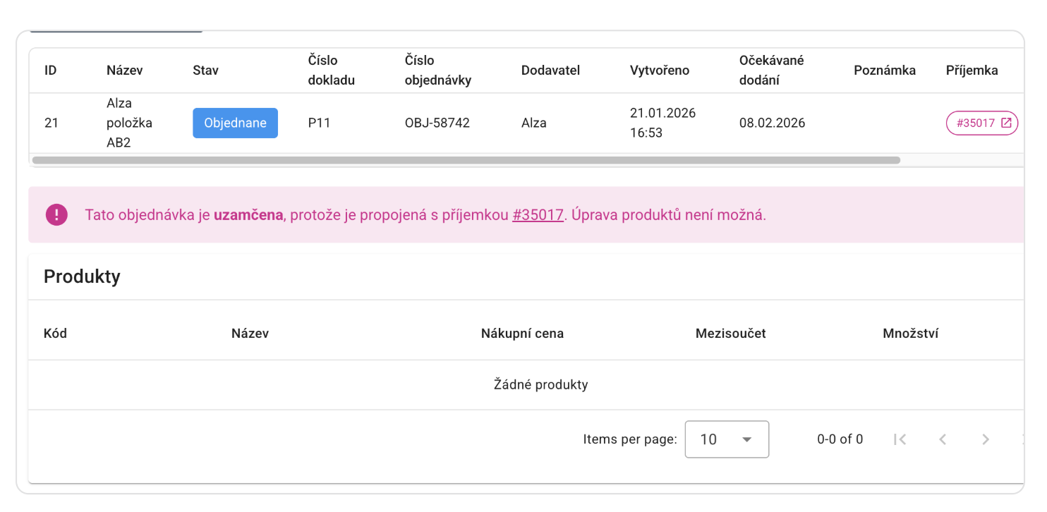 Návaznost objednávky na příjem zboží